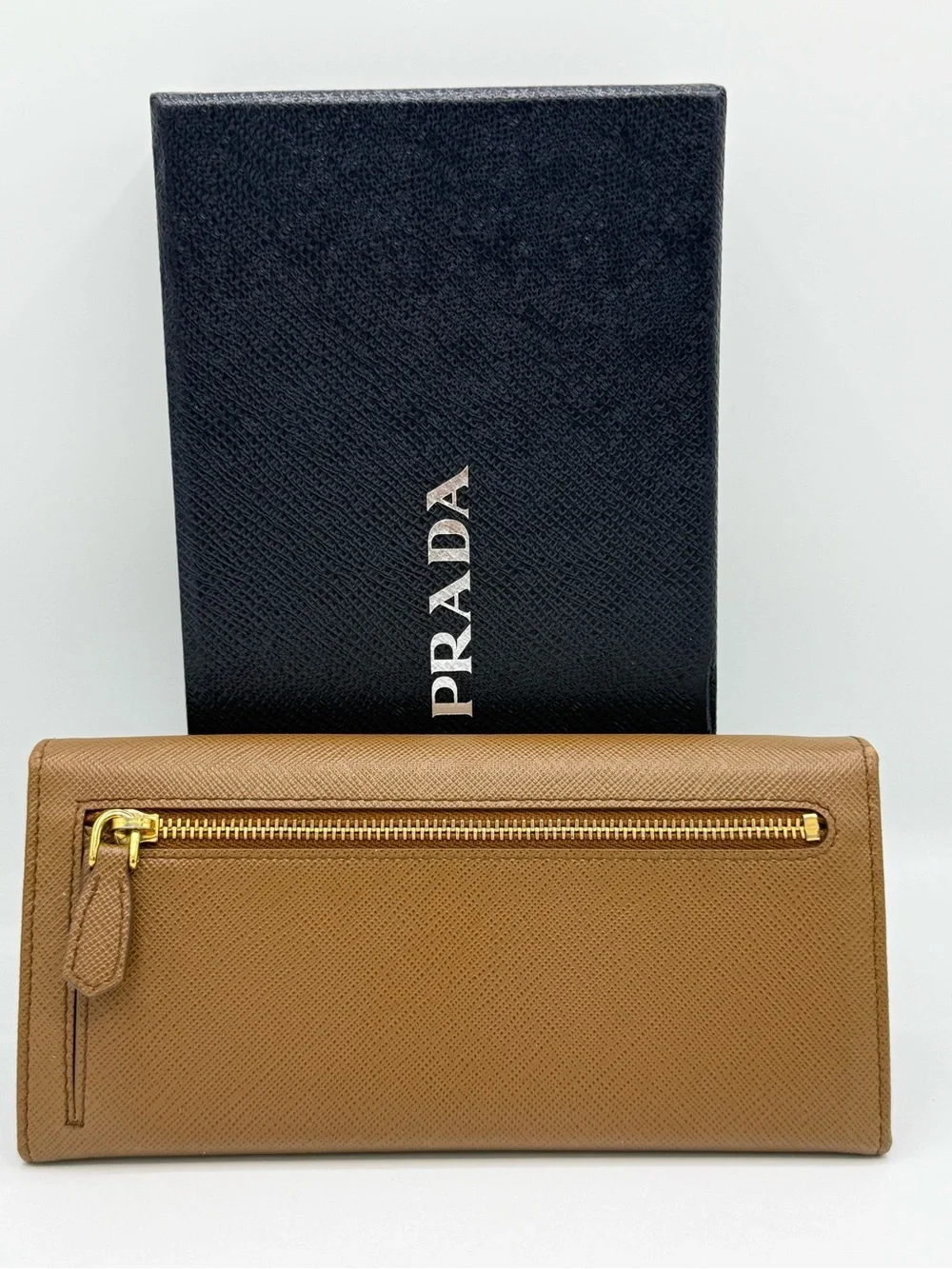 Prada Saffiano Metal Bar Flap Wallet in Caramel / Camello W/ card holder